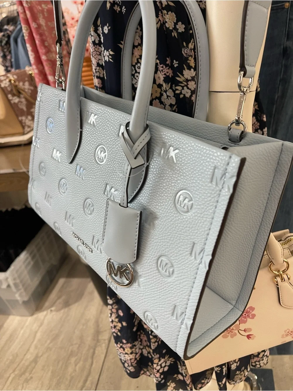 Michael Kors Mirella Md Logo Debossed EW Top Zip Satchel Shouldr Tote Pale Ocean